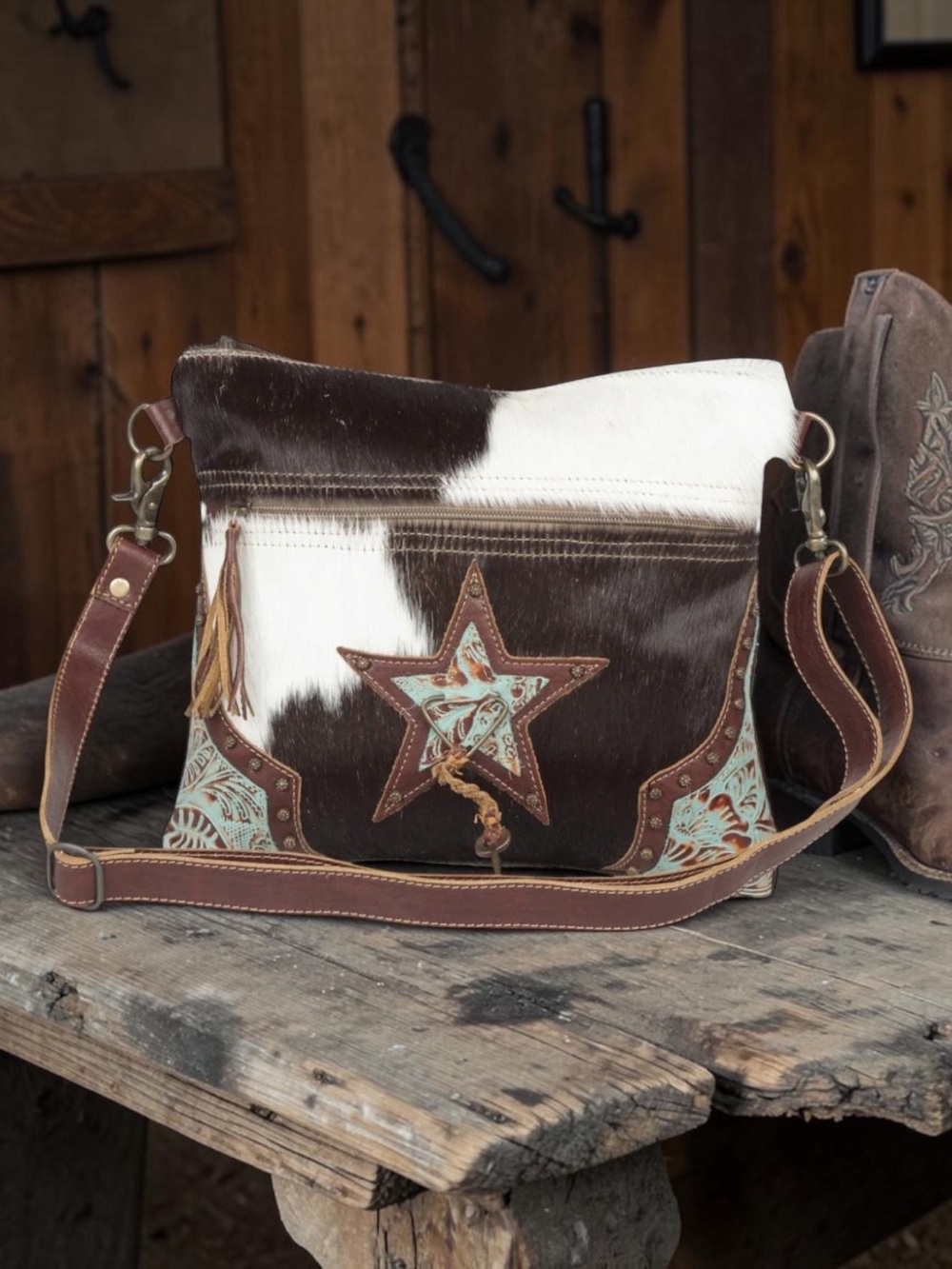 🆕 Myra Bag - North Star - Upcycle - Canvas - Leather - Hair On  - Crossbody